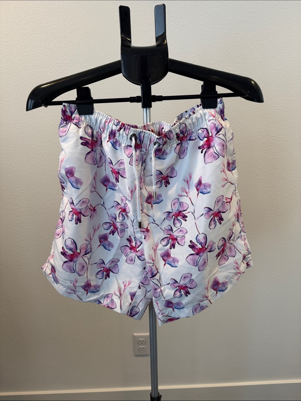 Floral Drawstring Shorts - White with Pink & Purple